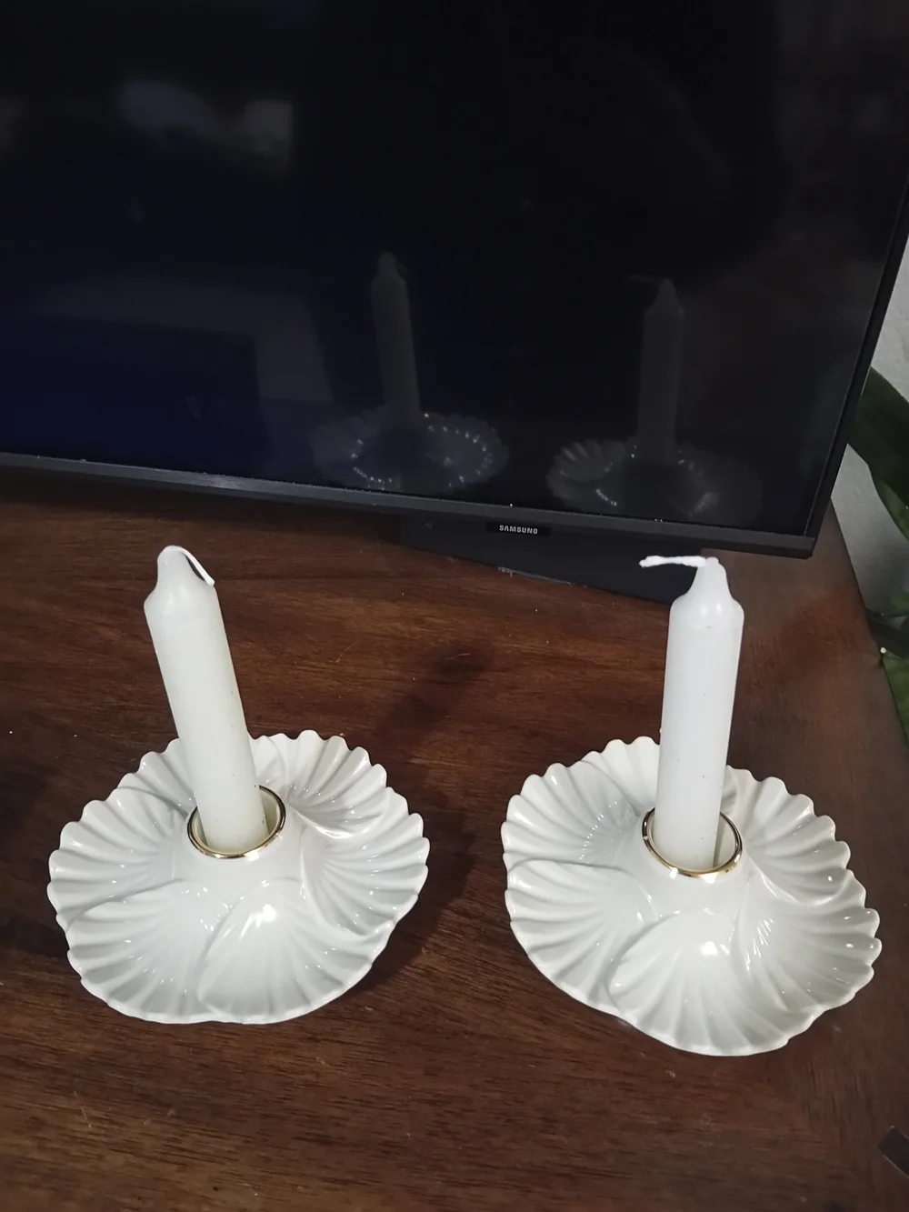 Lenox White Scalloped Ceramic Candle Holders - Pair